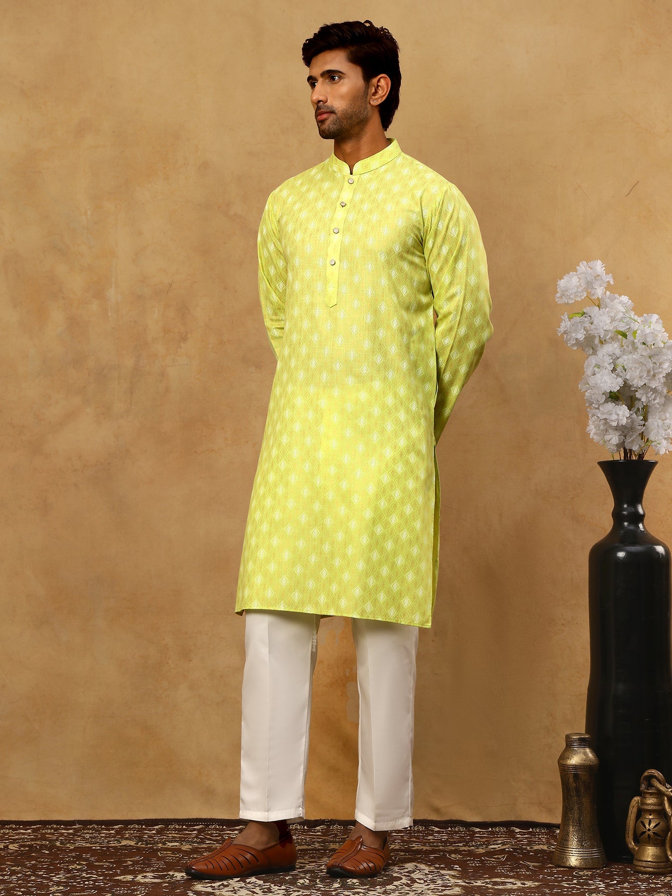 Classic Ethnic Print Cotton Blend Kurta Pyjama Set ( 65KP P 5459Green )