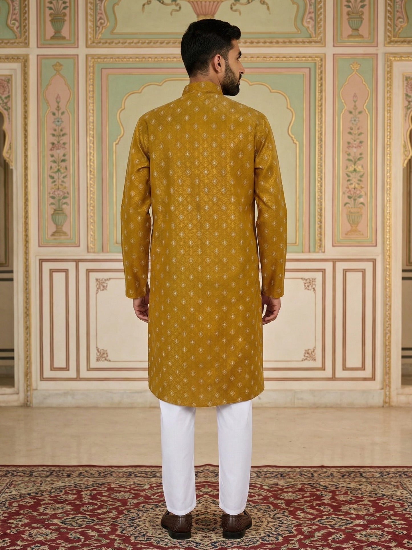 Classic Ethnic Print Cotton Blend Kurta Pyjama Set ( 65KP P 5459Mustard S ) [FF] [K-14]