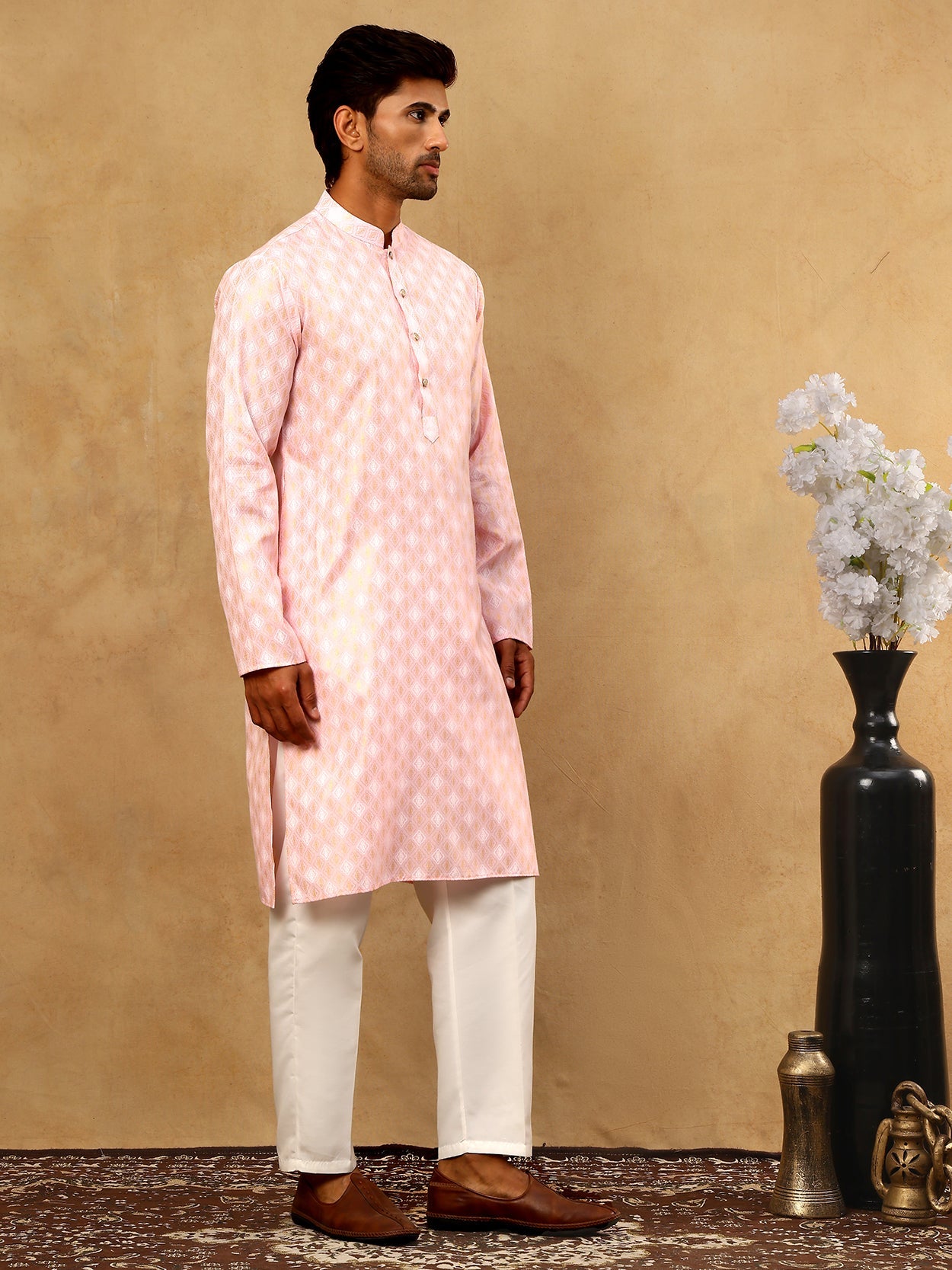 Classic Ethnic Print Cotton Blend Kurta Pyjama Set ( 65KP P 5459Pink )