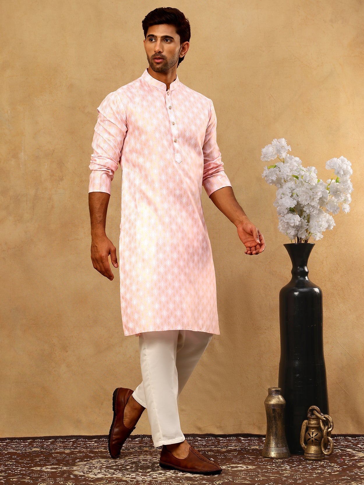 Classic Ethnic Print Cotton Blend Kurta Pyjama Set ( 65KP P 5459Pink )