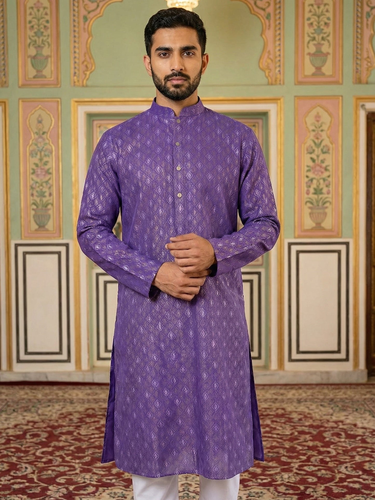 Classic Ethnic Print Cotton Blend Kurta Pyjama Set ( 65KP P 5459Purple S ) [FF] [K-14]
