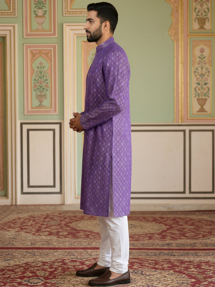 Classic Ethnic Print Cotton Blend Kurta Pyjama Set ( 65KP P 5459Purple S ) [FF] [K-14]