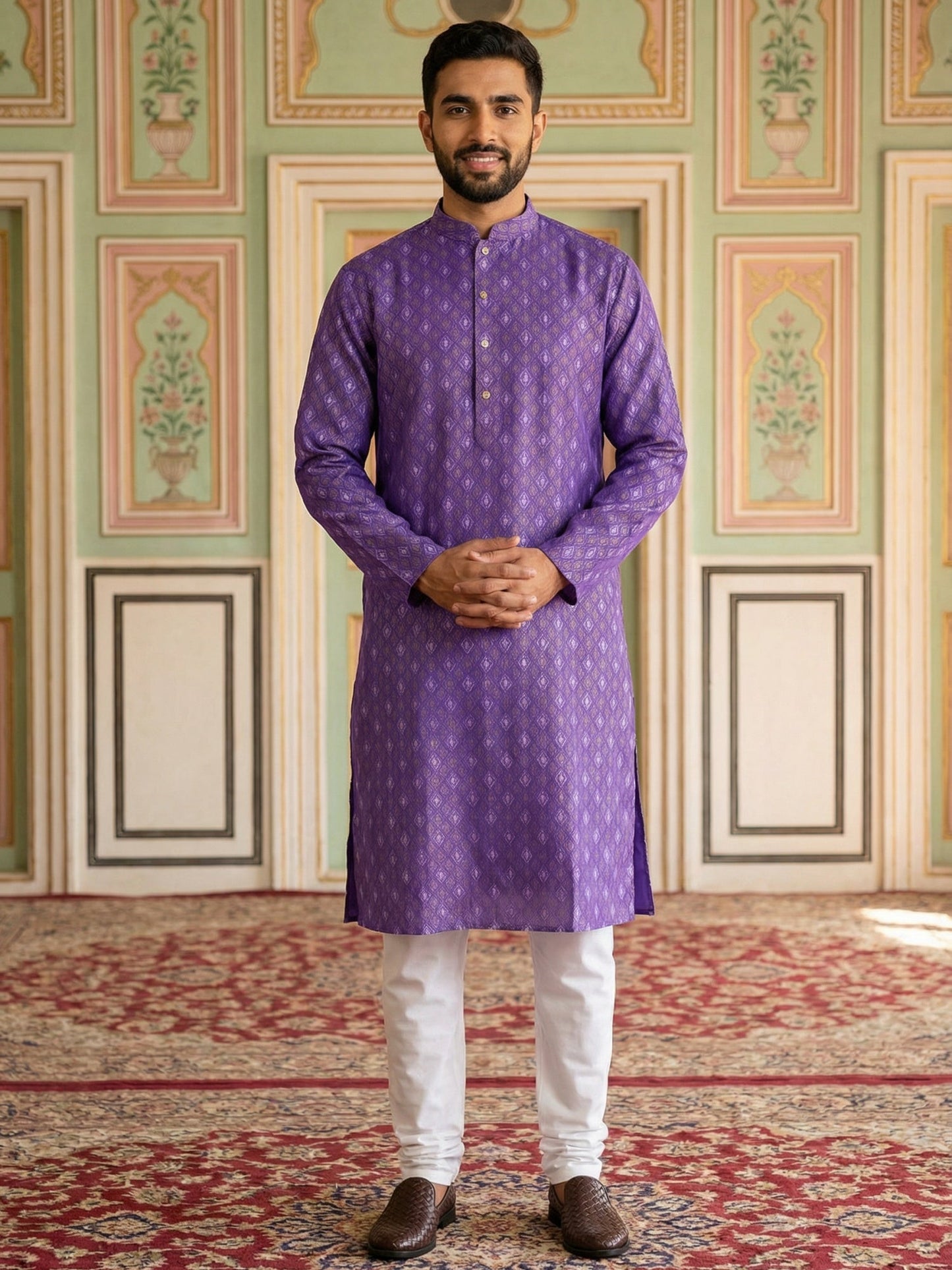 Classic Ethnic Print Cotton Blend Kurta Pyjama Set ( 65KP P 5459Purple S ) [FF] [K-14]