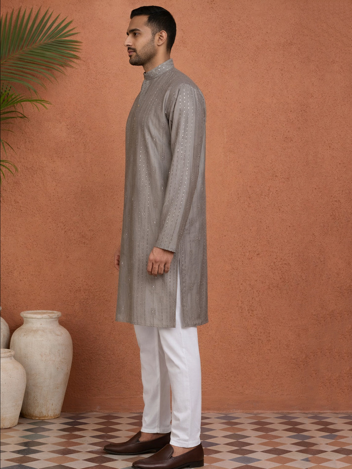 Embroidered Silk Blend Straight Kurta Set ( 65KP P 5460Grey S ) [FF] [A-1-4]
