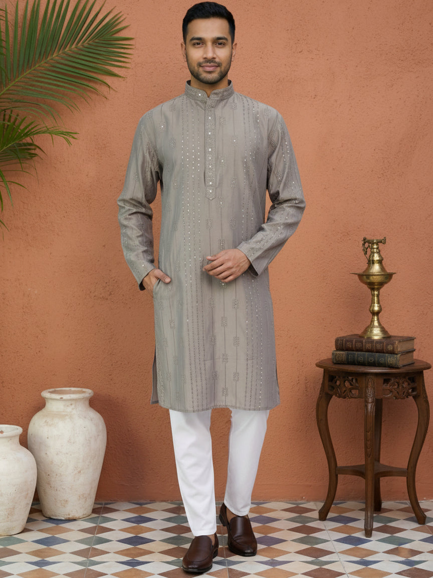 Embroidered Silk Blend Straight Kurta Set ( 65KP P 5460Grey S ) [FF] [A-1-4]