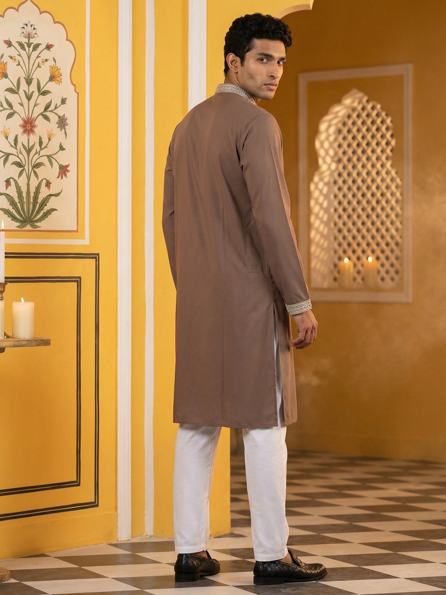 Classic Silk Blend Embroidered Kurta Pyjama ( 65KP P 5461Brown S ) [FF] [H-7]