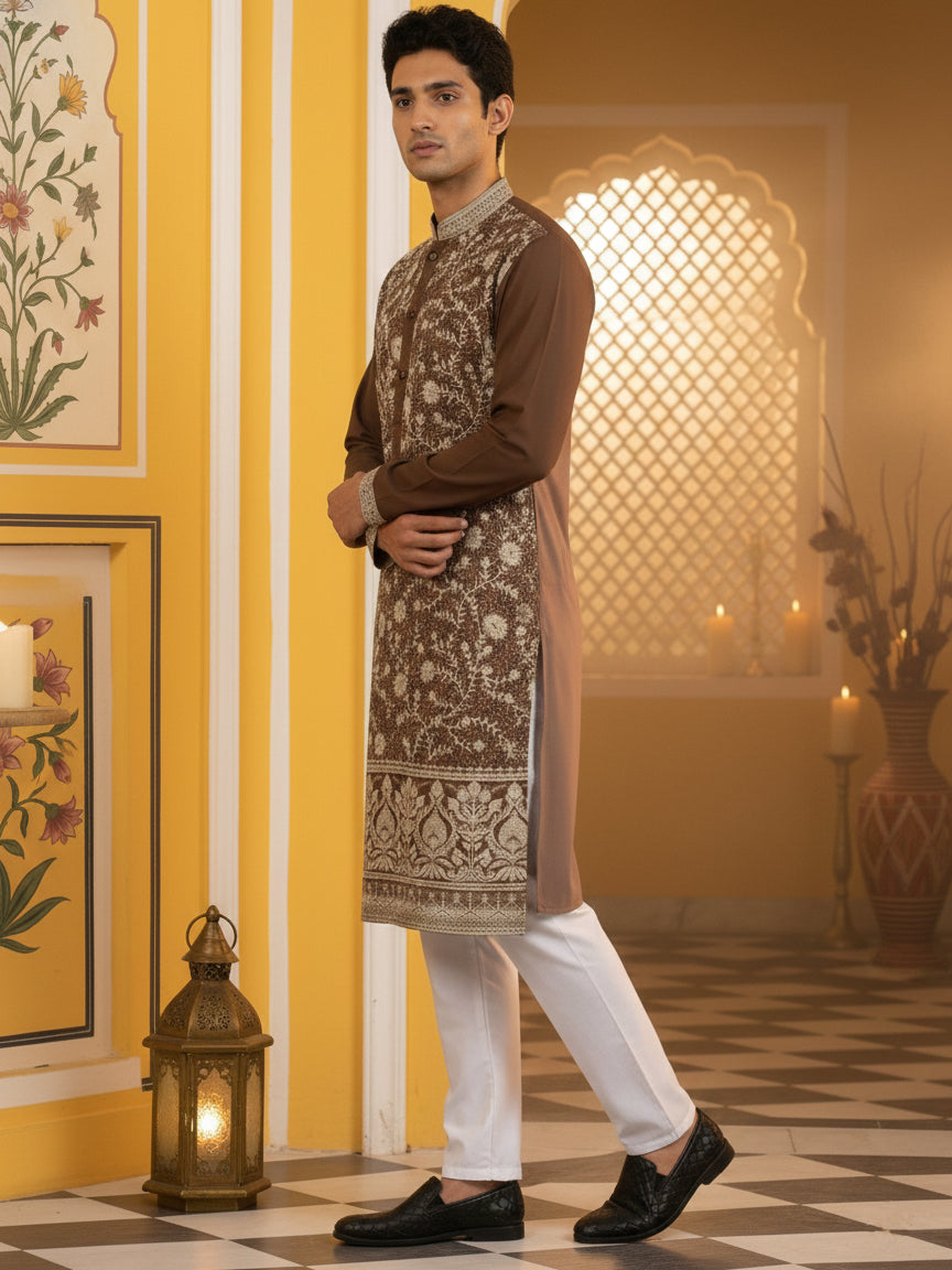 Classic Silk Blend Embroidered Kurta Pyjama ( 65KP P 5461Brown S ) [FF] [H-7]