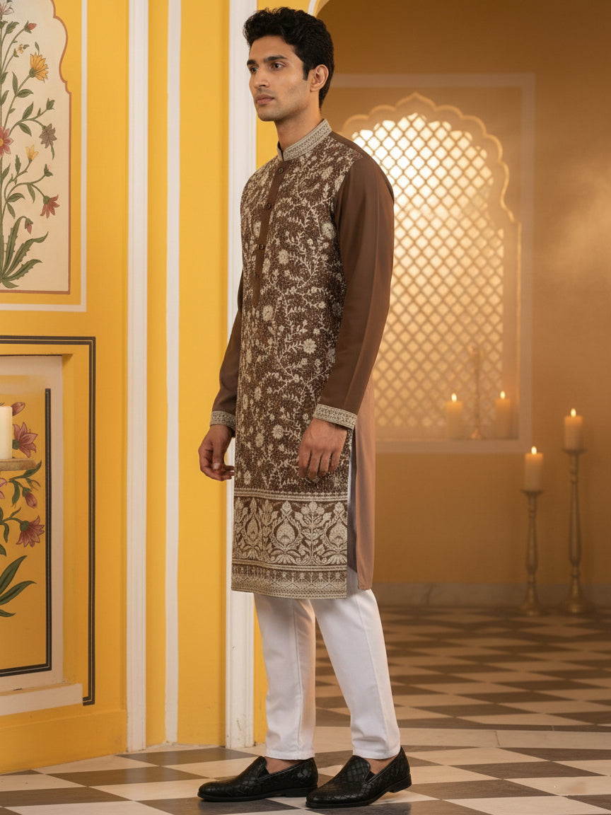 Classic Silk Blend Embroidered Kurta Pyjama ( 65KP P 5461Brown S ) [FF] [H-7]