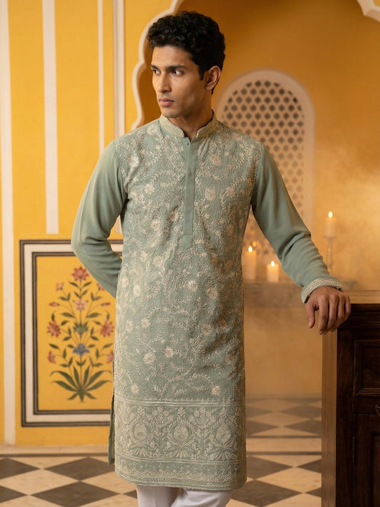 Classic Silk Blend Embroidered Kurta Pyjama ( 65KP P 5461Green S ) [FF] [H-7]