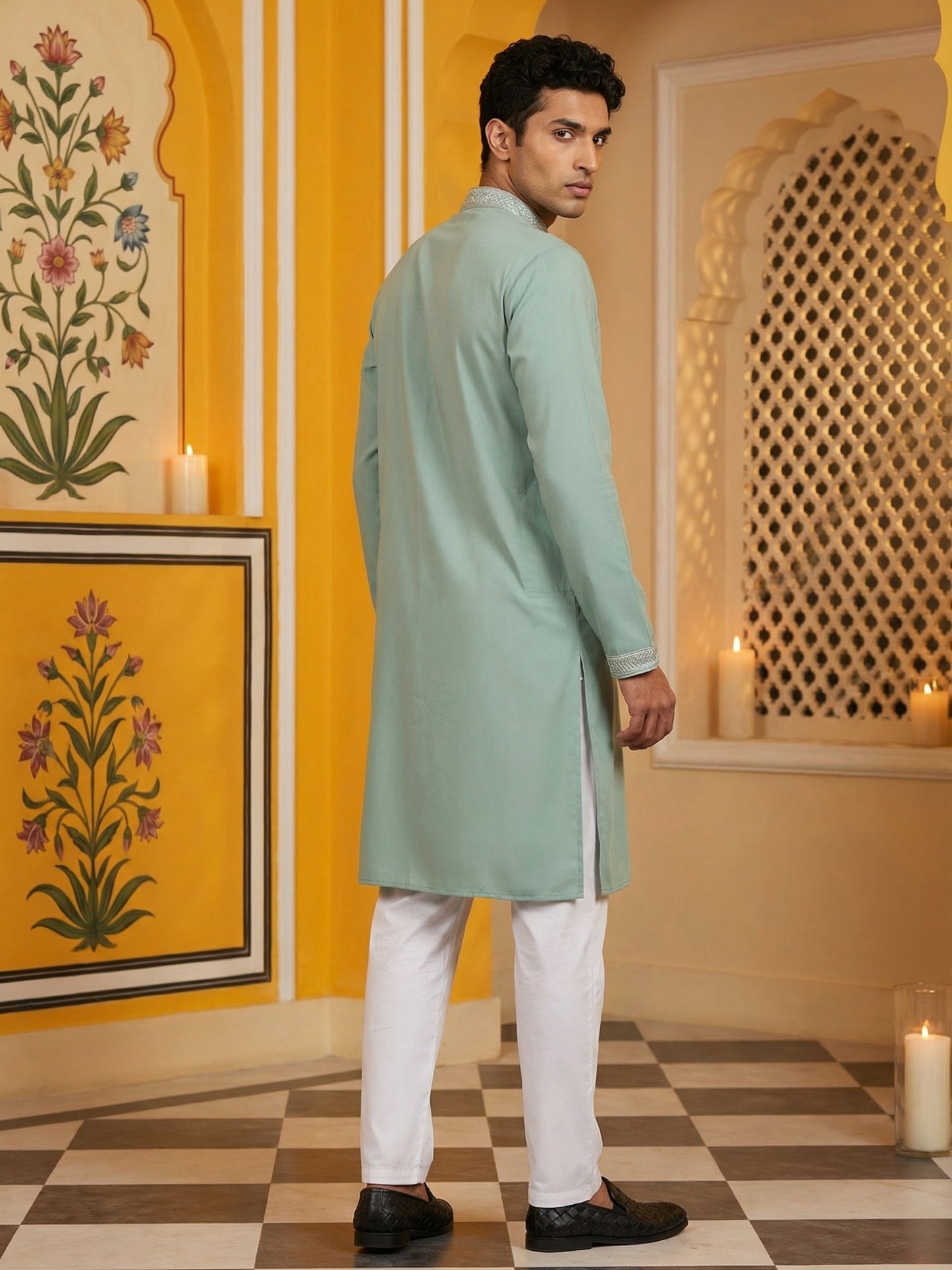 Classic Silk Blend Embroidered Kurta Pyjama ( 65KP P 5461Green S ) [FF] [H-7]