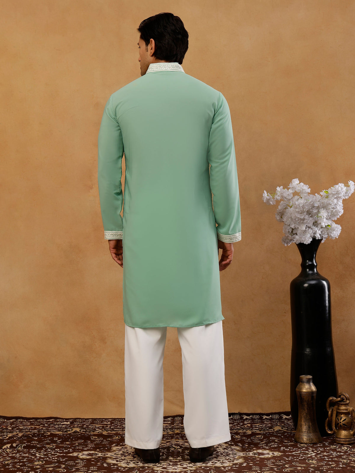 Classic Silk Blend Embroidered Kurta with Korean Pants ( 65KP PJ11W S 5461 Green )