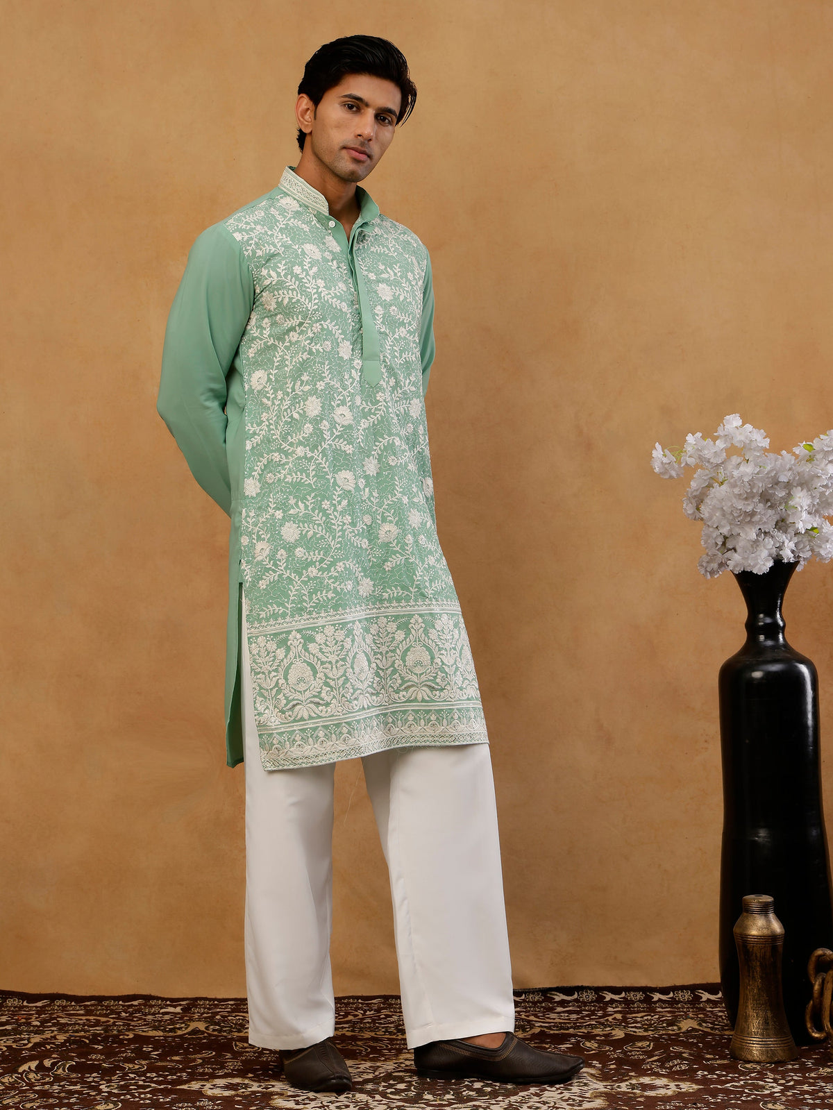 Classic Silk Blend Embroidered Kurta with Korean Pants ( 65KP PJ11W S 5461 Green )