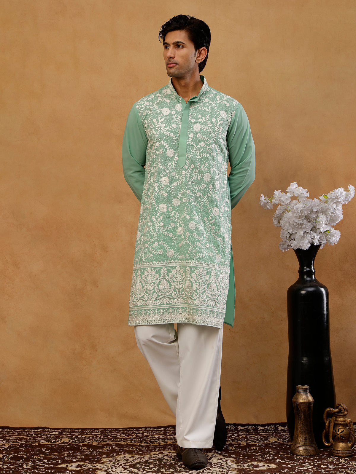 Classic Silk Blend Embroidered Kurta with Korean Pants ( 65KP PJ11W S 5461 Green )