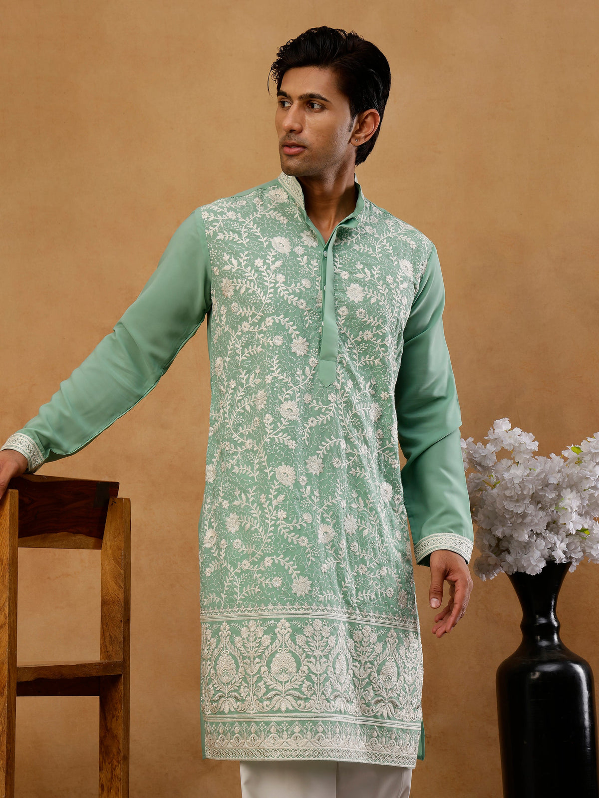 Classic Silk Blend Embroidered Kurta with Korean Pants ( 65KP PJ11W S 5461 Green )