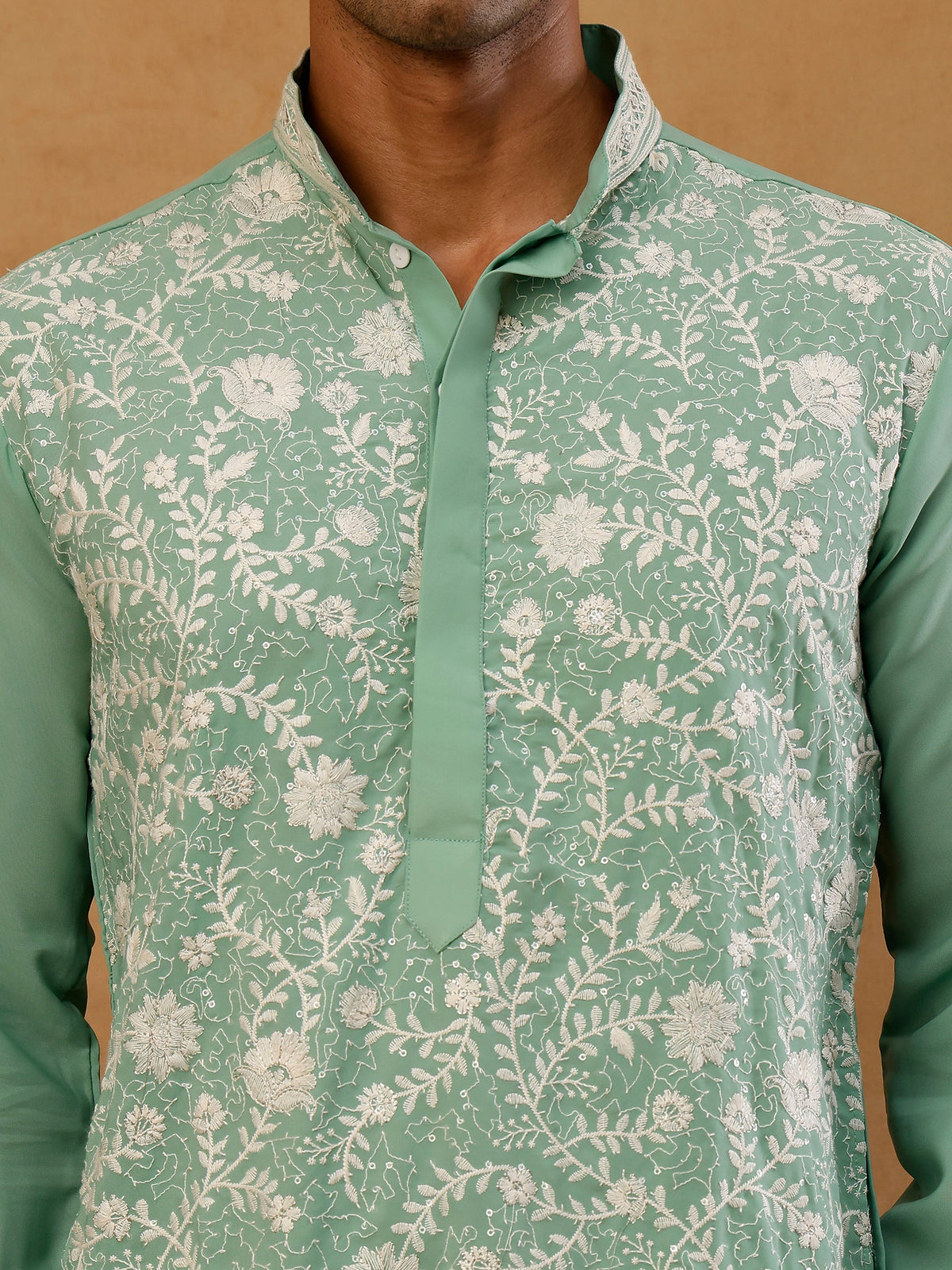 Classic Silk Blend Embroidered Kurta with Korean Pants ( 65KP PJ11W S 5461 Green )