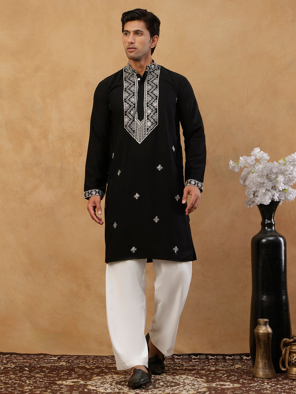 Embroidered Silk Blend Straight Kurta with Korean Pants ( 65KP PJ11W S 5462 Black )