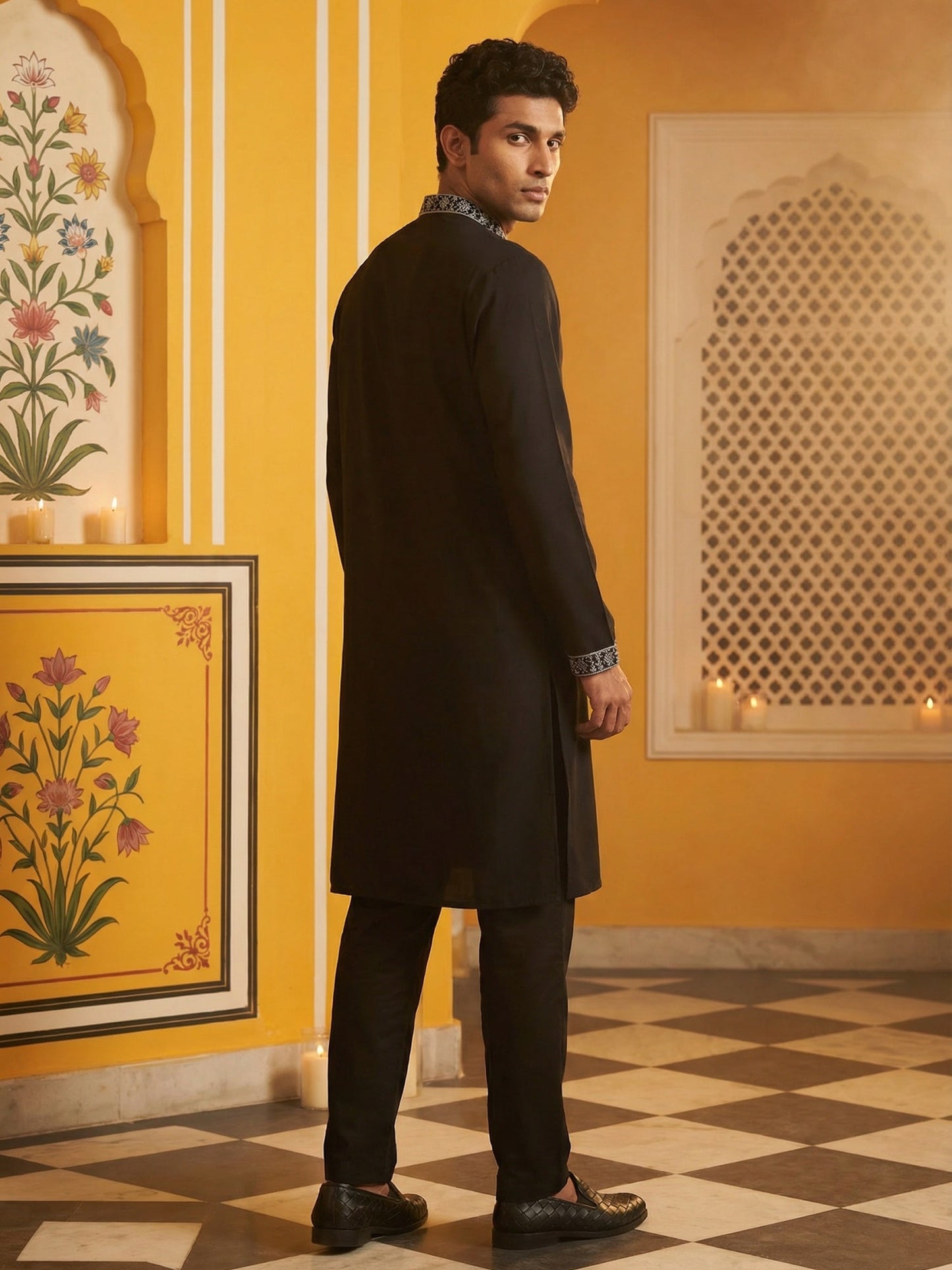 Embroidered Silk Blend Straight Kurta Pyjama ( 65KP P 5462Black S ) [FF] [B-6]