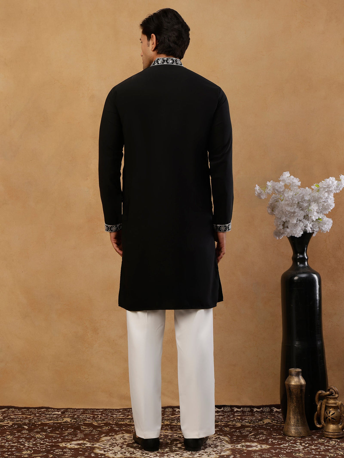 Embroidered Silk Blend Straight Kurta with Korean Pants ( 65KP PJ11W S 5462 Black )