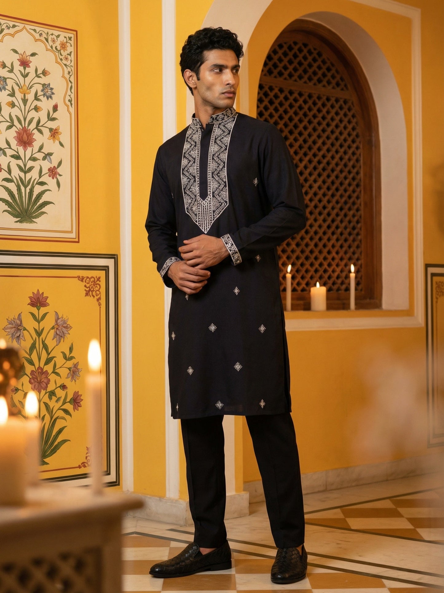 Embroidered Silk Blend Straight Kurta Pyjama ( 65KP P 5462Black S ) [FF] [B-6]