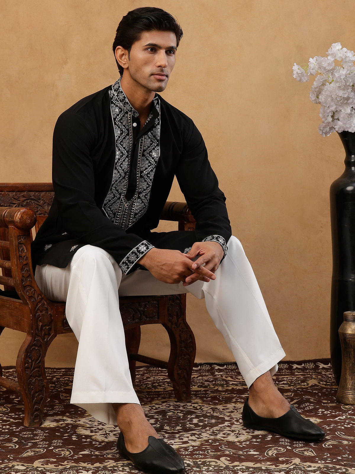 Embroidered Silk Blend Straight Kurta with Korean Pants ( 65KP PJ11W S 5462 Black )