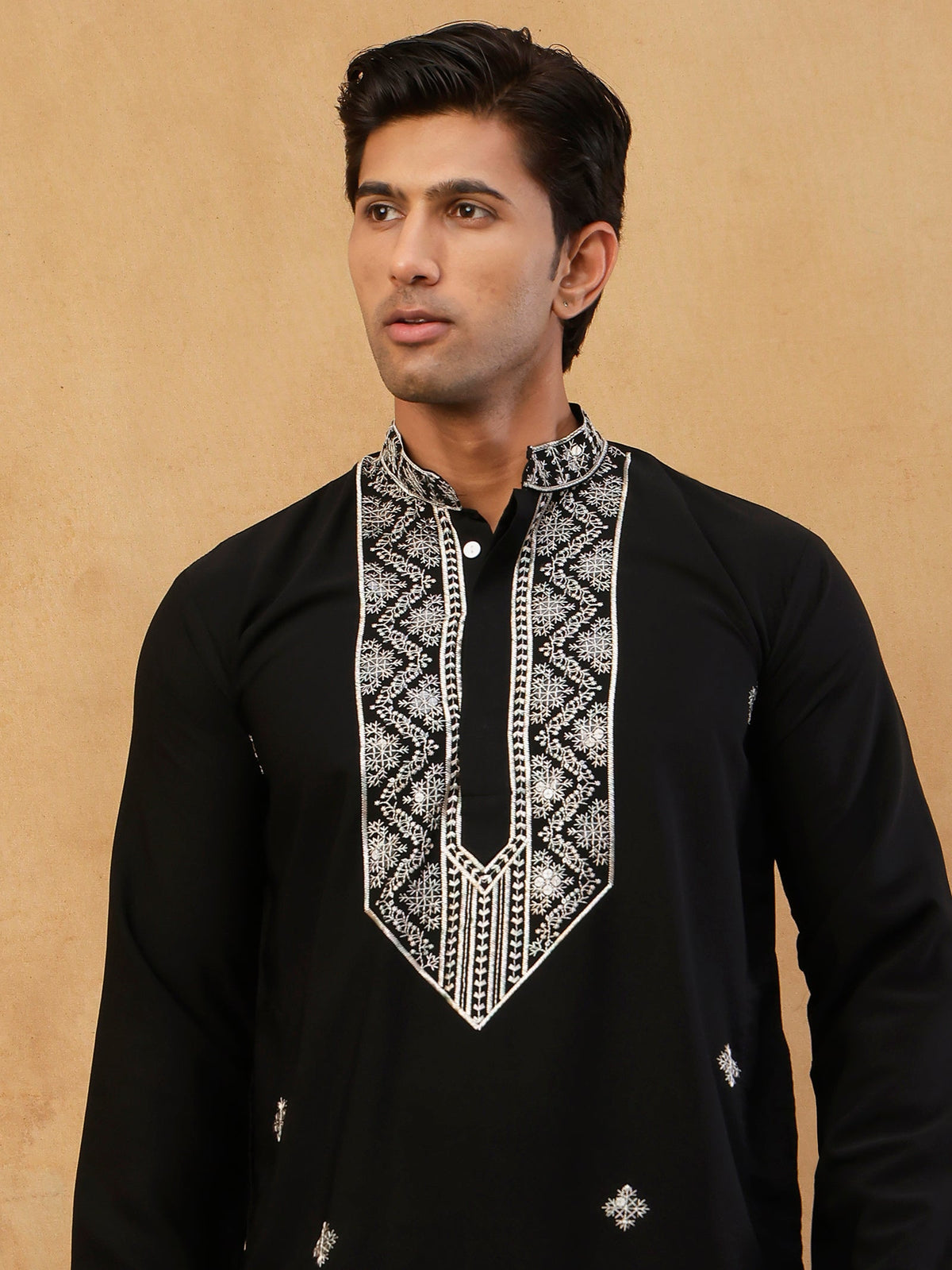Embroidered Silk Blend Straight Kurta with Korean Pants ( 65KP PJ11W S 5462 Black )
