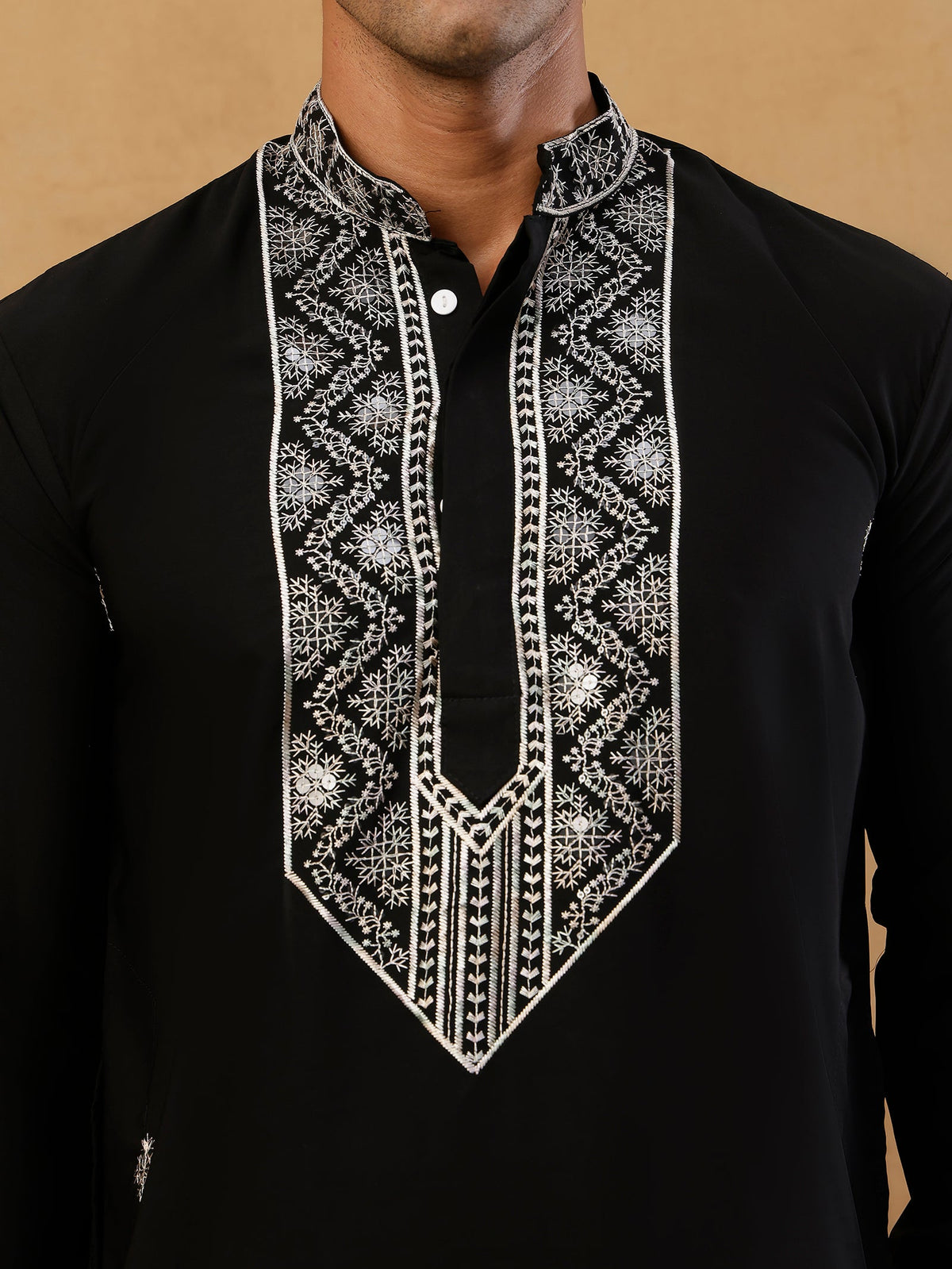 Embroidered Silk Blend Straight Kurta with Korean Pants ( 65KP PJ11W S 5462 Black )