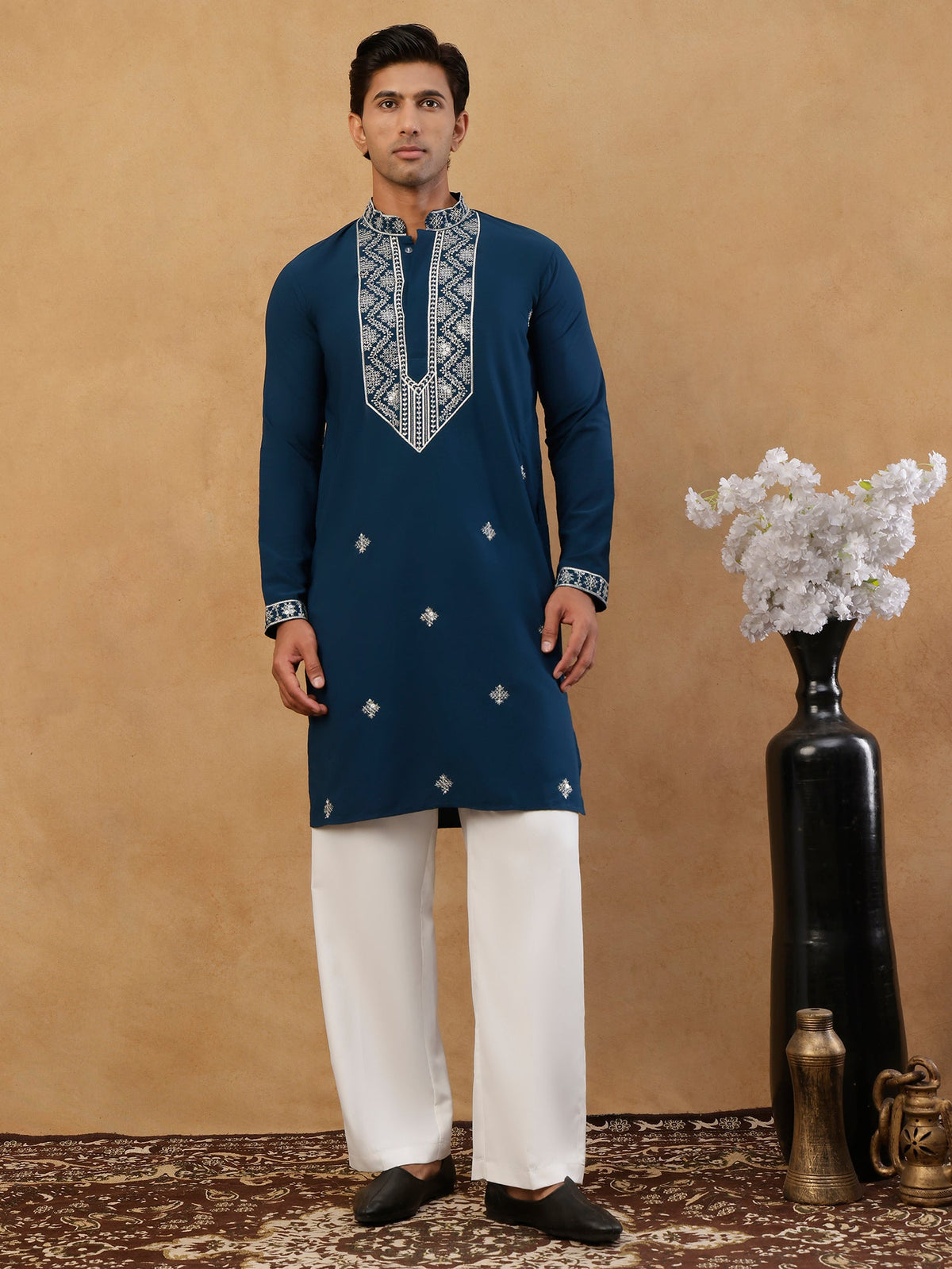 Embroidered Silk Blend Straight Kurta with Korean Pants ( 65KP PJ11W S 5462 Peacock )