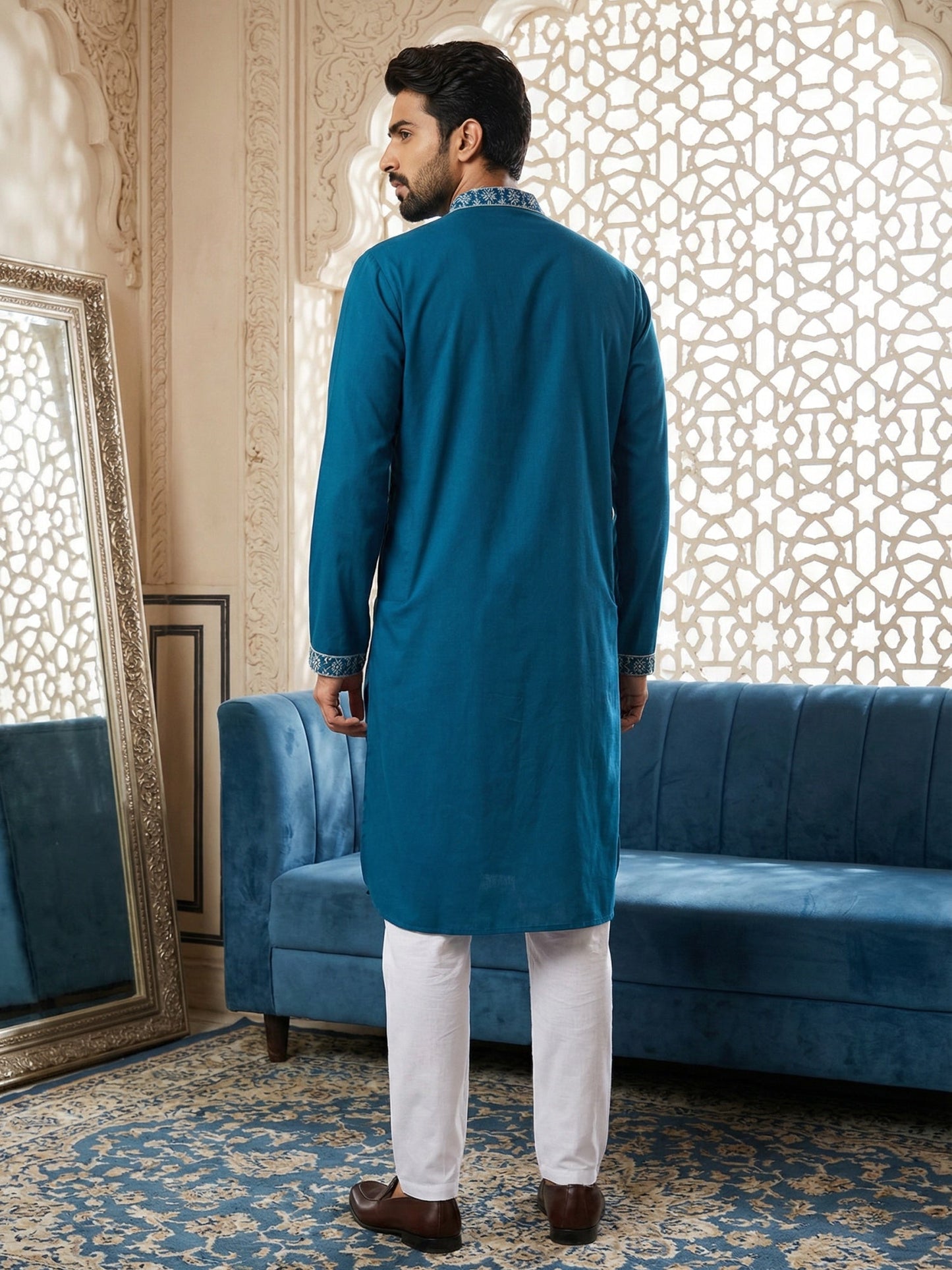Embroidered Silk Blend Straight Kurta Pyjama ( 65KP P 5462Peacock S ) [FF] [B-6]
