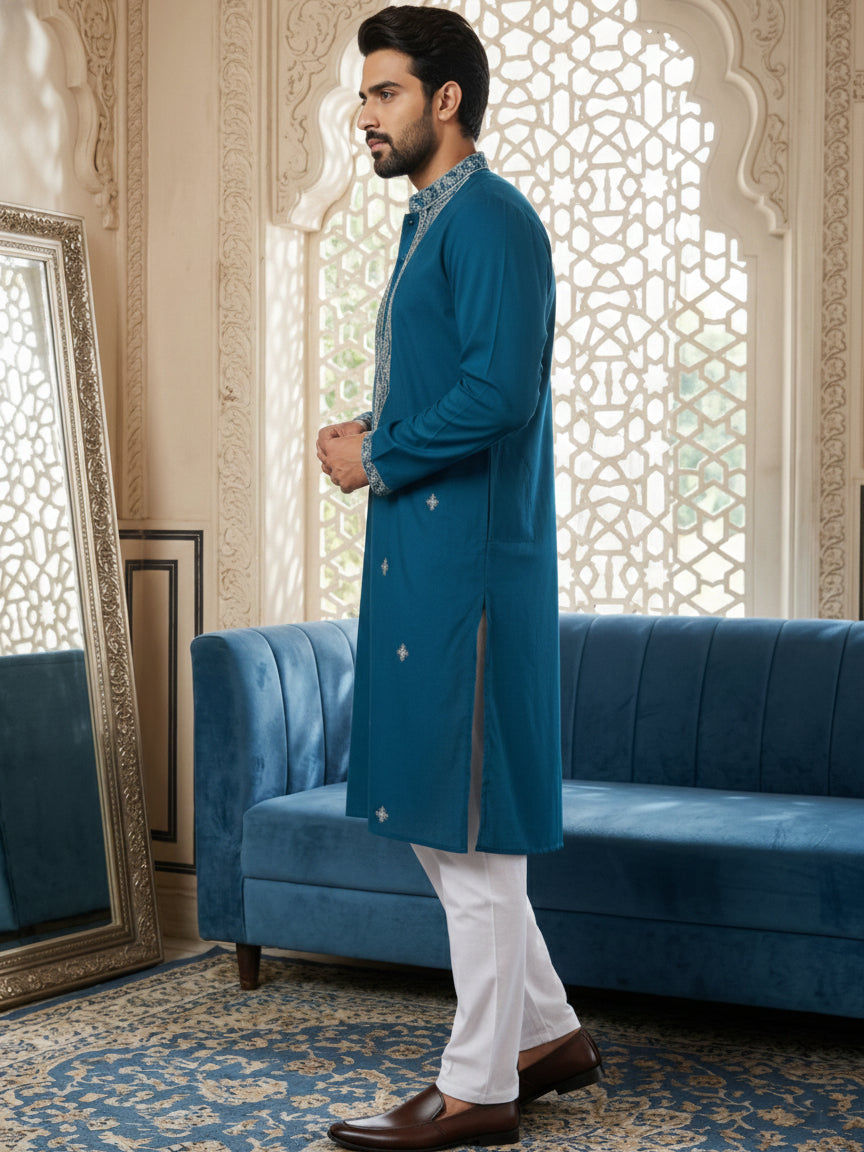 Embroidered Silk Blend Straight Kurta Pyjama ( 65KP P 5462Peacock S ) [FF] [B-6]