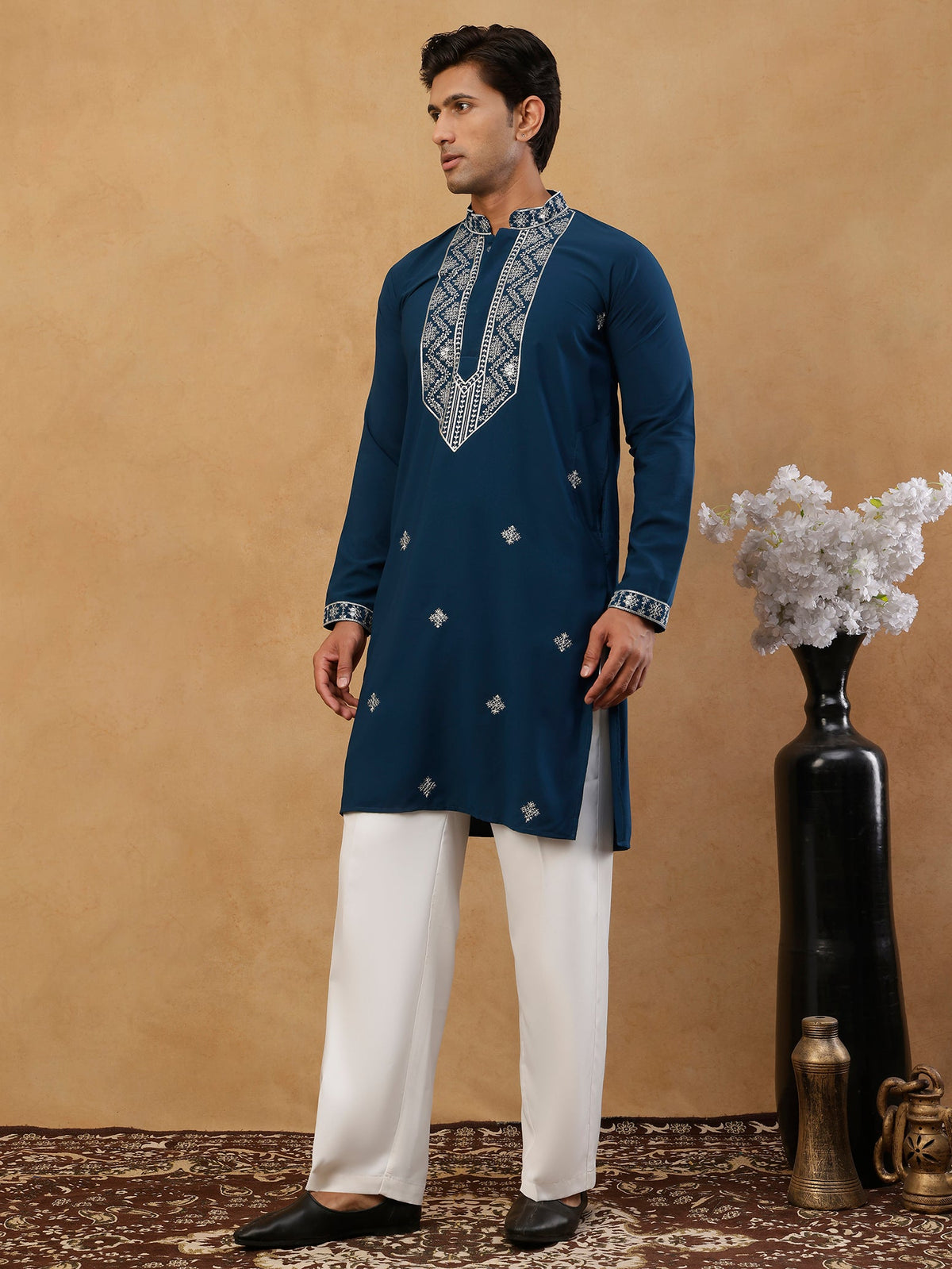 Embroidered Silk Blend Straight Kurta with Korean Pants ( 65KP PJ11W S 5462 Peacock )