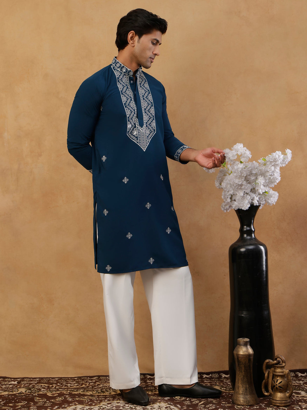 Embroidered Silk Blend Straight Kurta with Korean Pants ( 65KP PJ11W S 5462 Peacock )