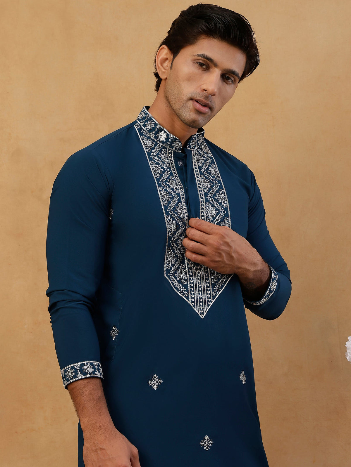 Embroidered Silk Blend Straight Kurta with Korean Pants ( 65KP PJ11W S 5462 Peacock )