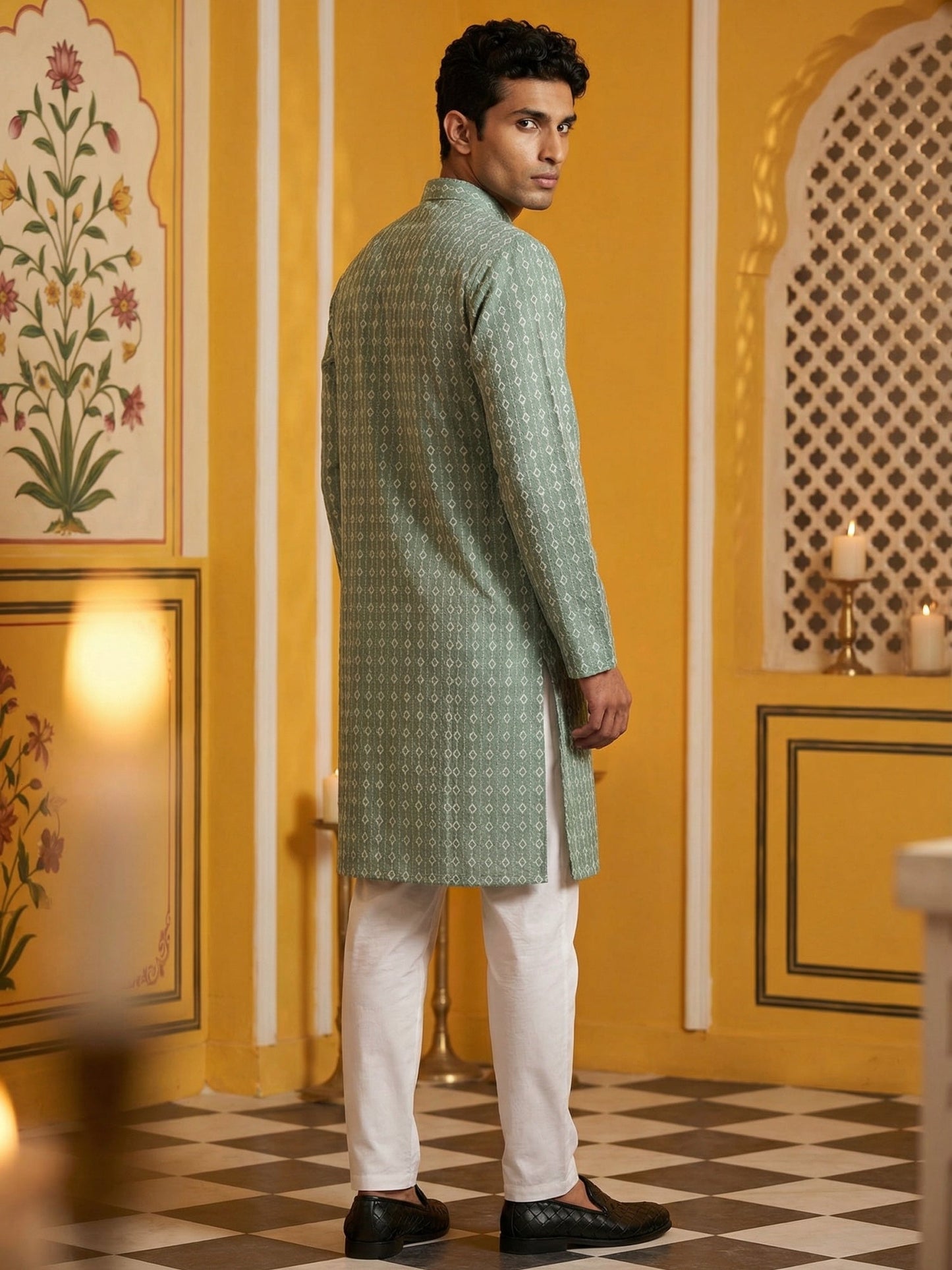 Embroidered Cotton Blend Kurta with Pyjama ( 65KP P 5463Green S ) [FF] [H-10]