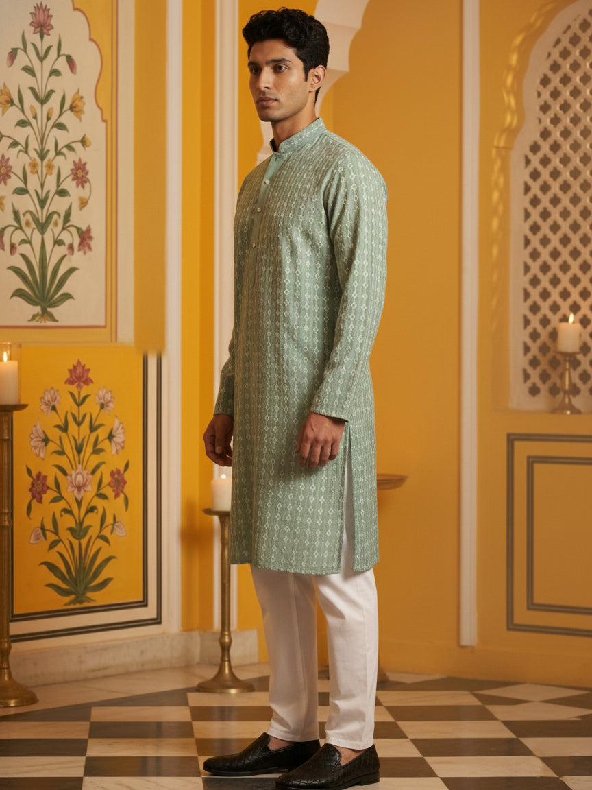Embroidered Cotton Blend Kurta with Pyjama ( 65KP P 5463Green S ) [FF] [H-10]