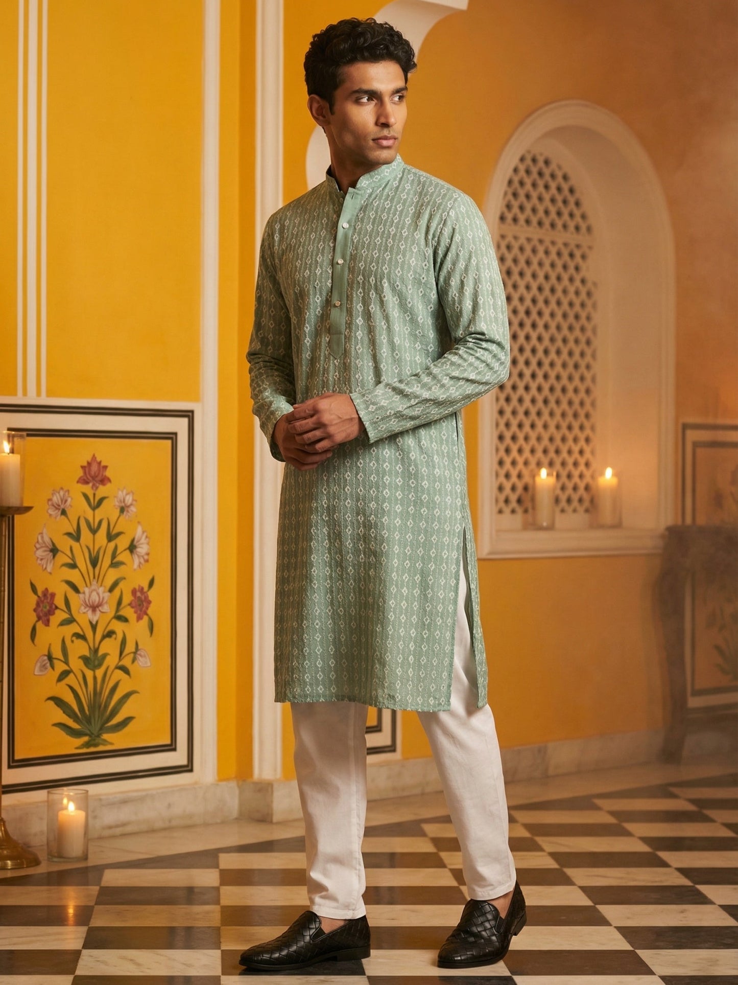 Embroidered Cotton Blend Kurta with Pyjama ( 65KP P 5463Green S ) [FF] [H-10]