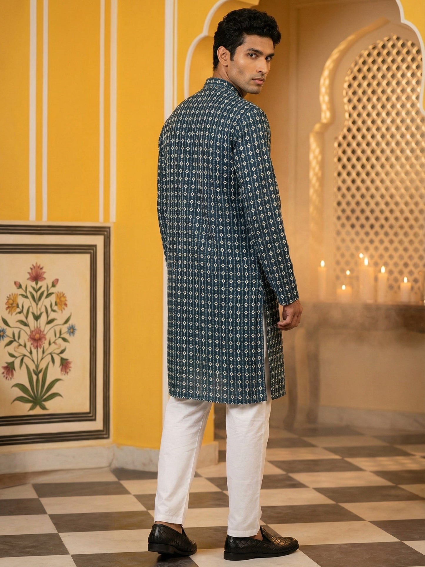 Embroidered Cotton Blend Kurta with Pyjama ( 65KP P 5463Sea-Green S ) [FF] [H-10]