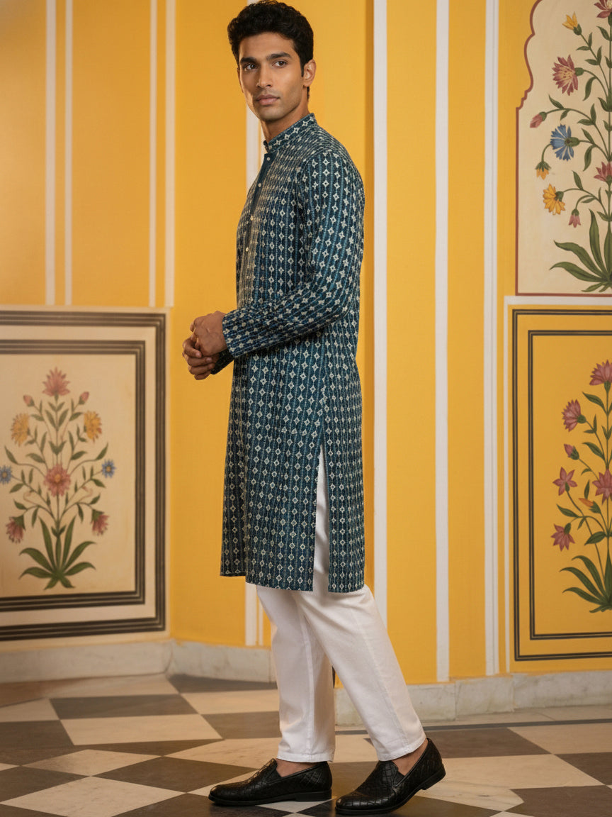 Embroidered Cotton Blend Kurta with Pyjama ( 65KP P 5463Sea-Green S ) [FF] [H-10]