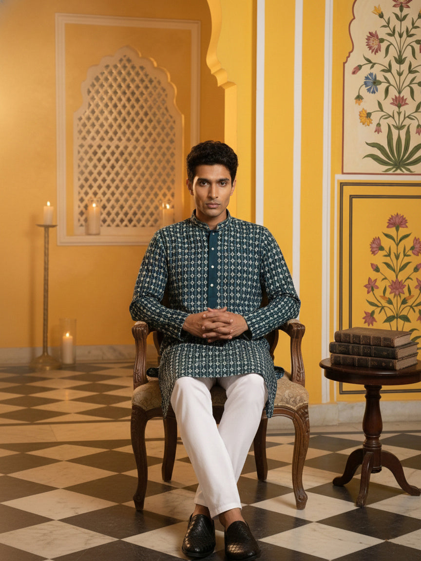 Embroidered Cotton Blend Kurta with Pyjama ( 65KP P 5463Sea-Green S ) [FF] [H-10]