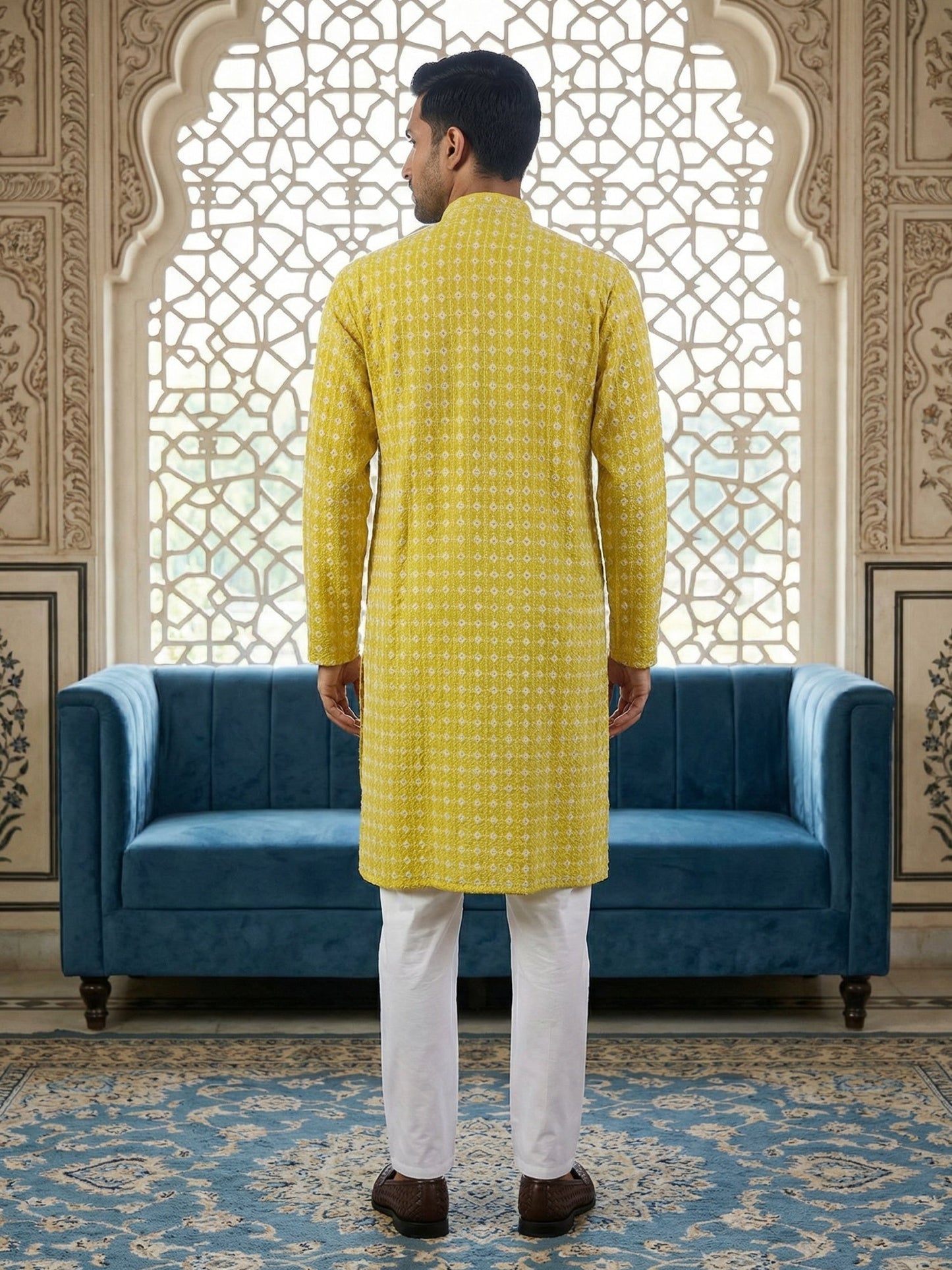 Embroidered Cotton Blend Kurta with Pyjama ( 65KP 5463Yellow S ) [FF] [H-10]