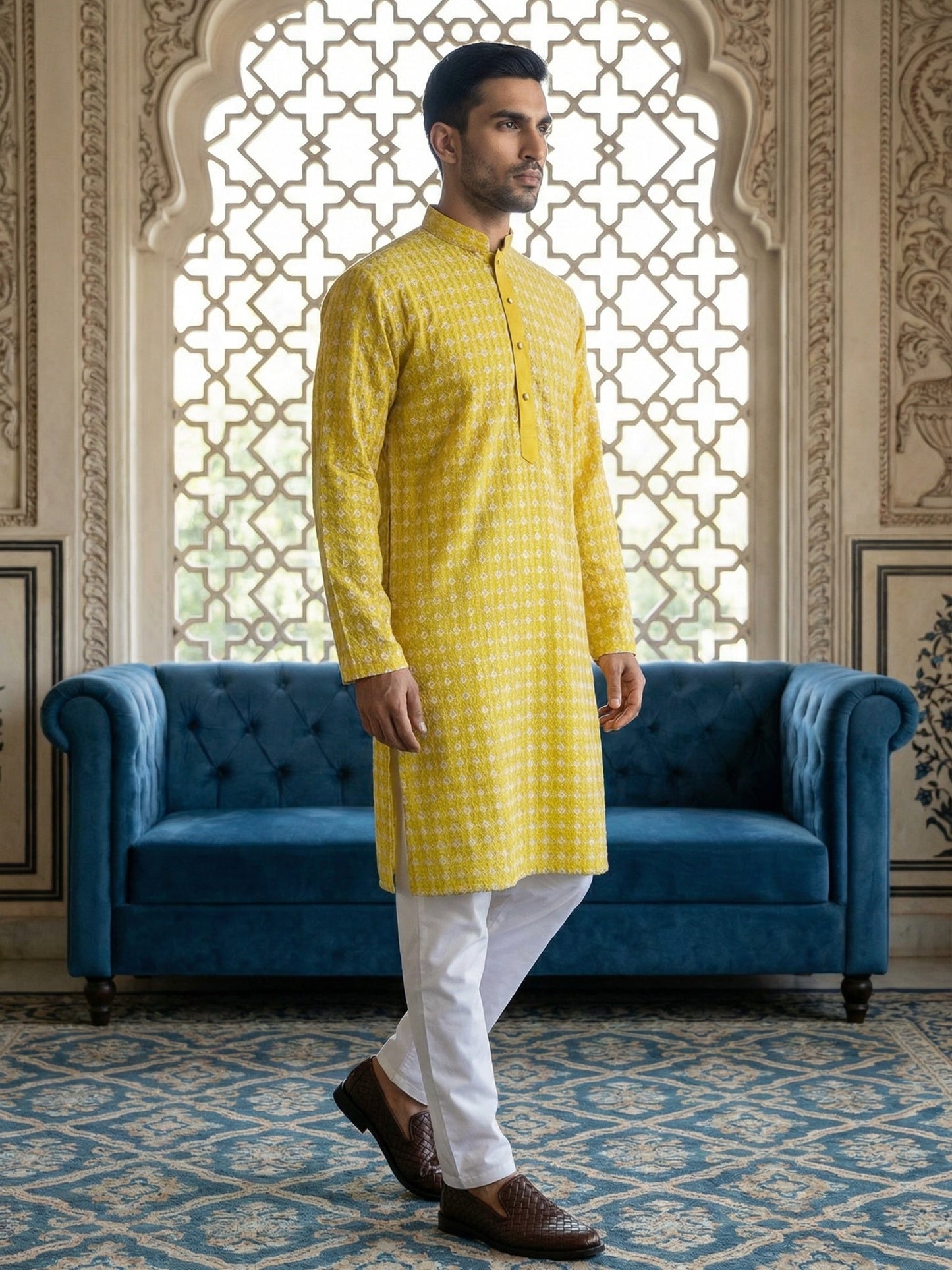 Embroidered Cotton Blend Kurta with Pyjama ( 65KP 5463Yellow S ) [FF] [H-10]