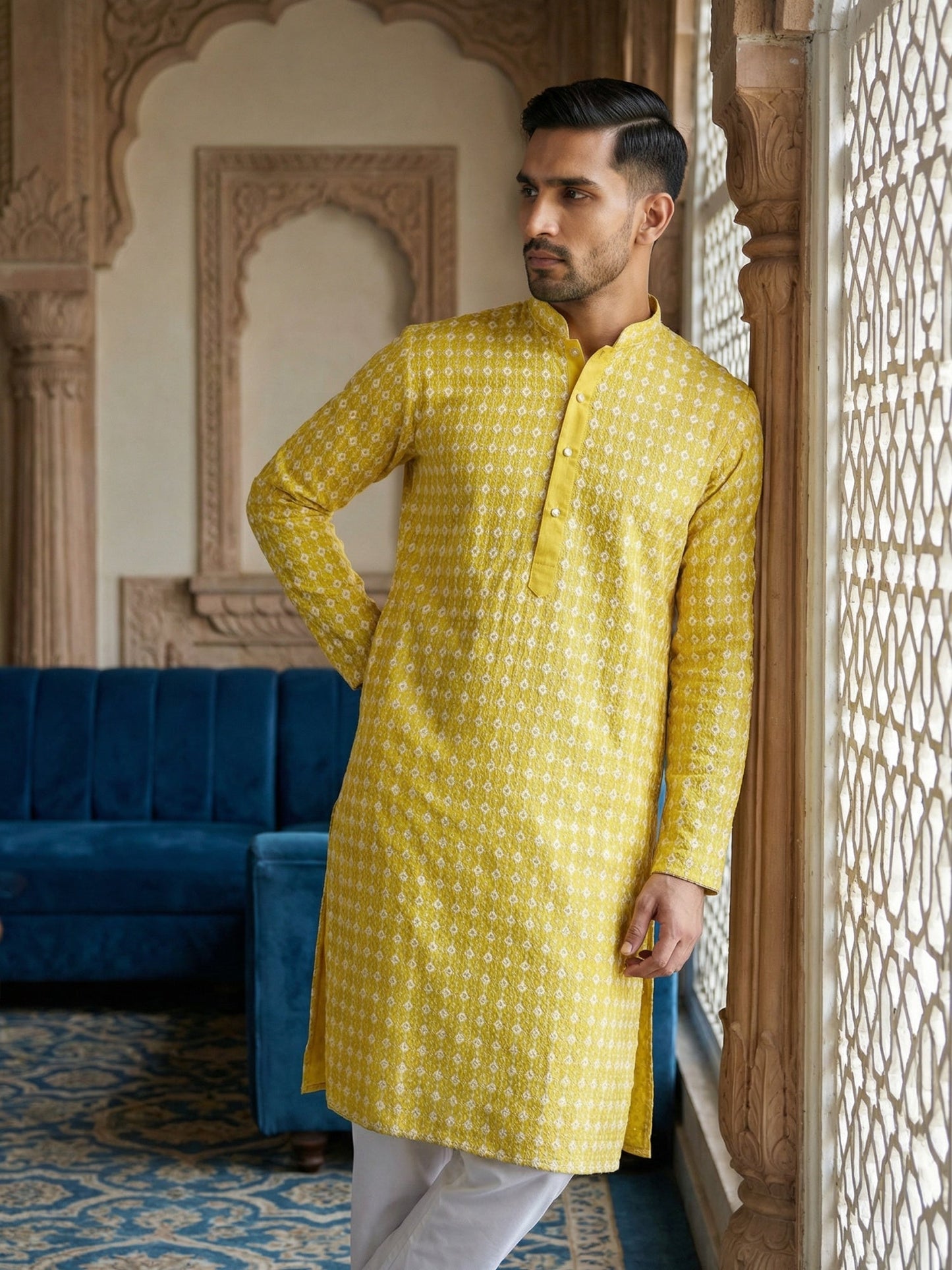 Embroidered Cotton Blend Kurta with Pyjama ( 65KP 5463Yellow S ) [FF] [H-10]