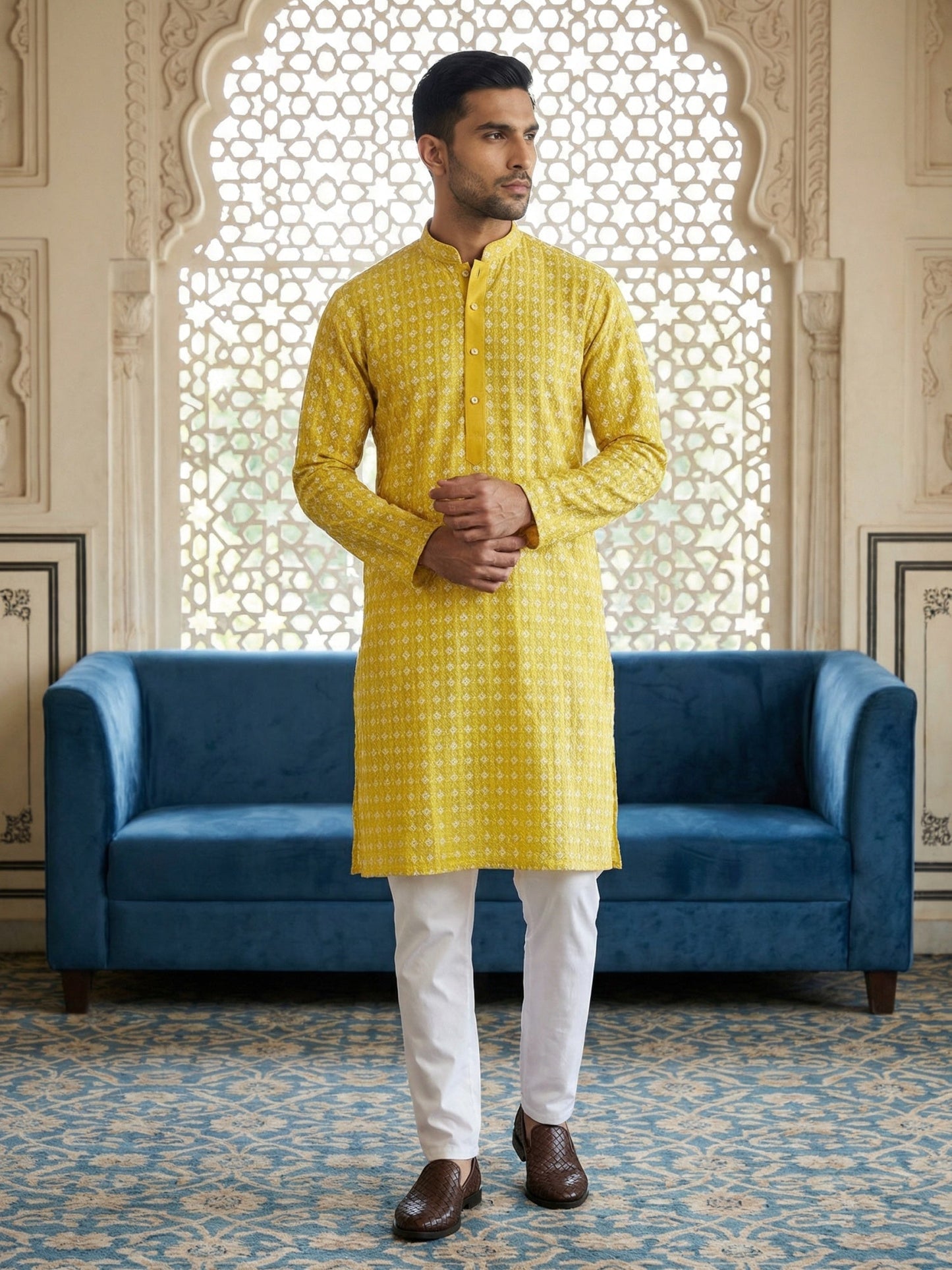 Embroidered Cotton Blend Kurta with Pyjama ( 65KP 5463Yellow S ) [FF] [H-10]