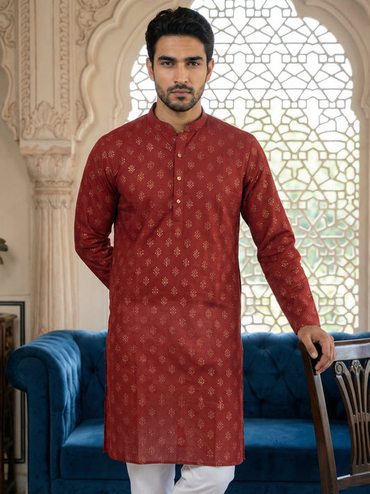 Classic Cotton Blend Foil Print Kurta Set ( 65KP P 5464Maroon ) [FF] [A-1-4]