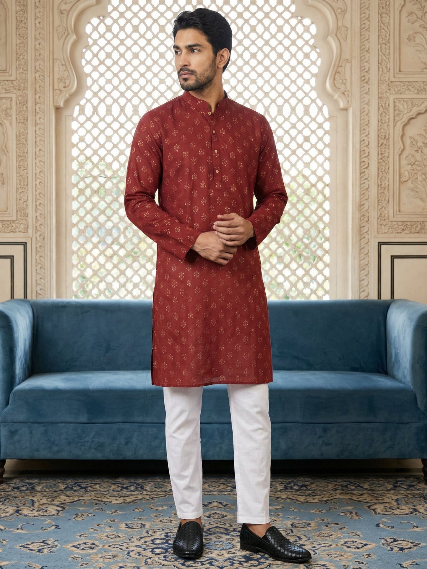 Classic Cotton Blend Foil Print Kurta Set ( 65KP P 5464Maroon ) [FF] [A-1-4]
