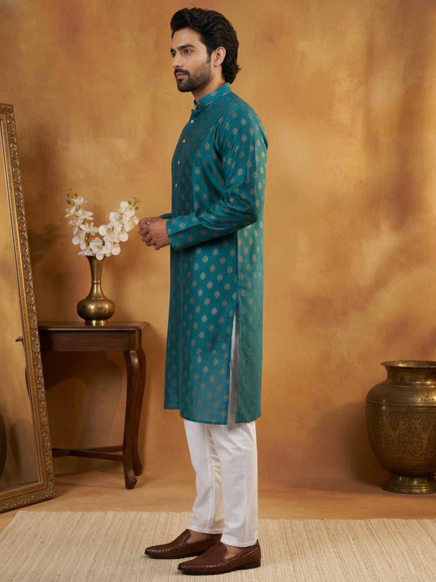 Classic Cotton Blend Foil Print Kurta Set ( 65KP P 5464Peacock S ) [FF] [A-1-4]