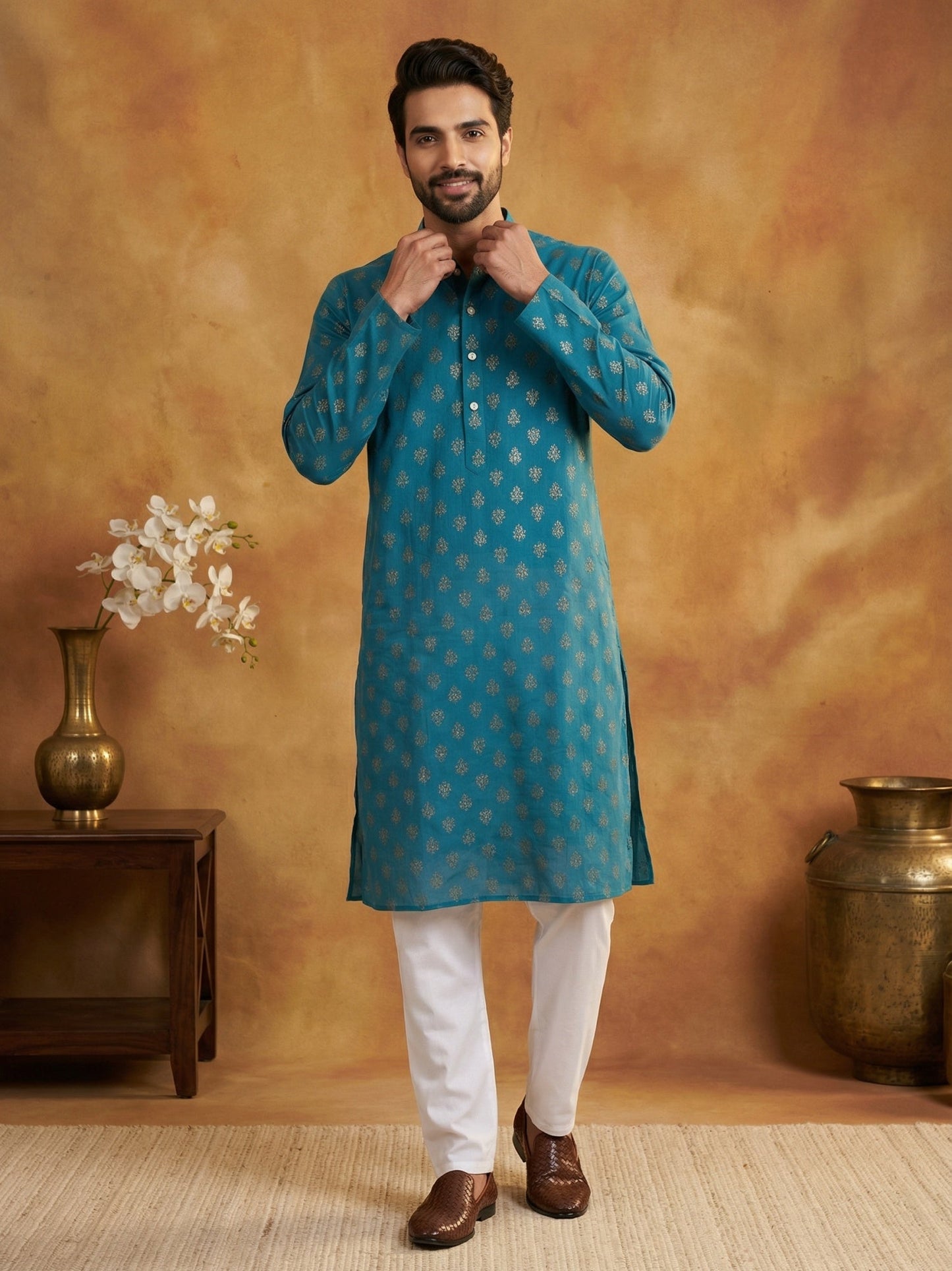 Classic Cotton Blend Foil Print Kurta Set ( 65KP P 5464Peacock S ) [FF] [A-1-4]