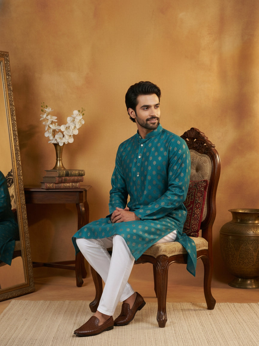 Classic Cotton Blend Foil Print Kurta Set ( 65KP P 5464Peacock S ) [FF] [A-1-4]