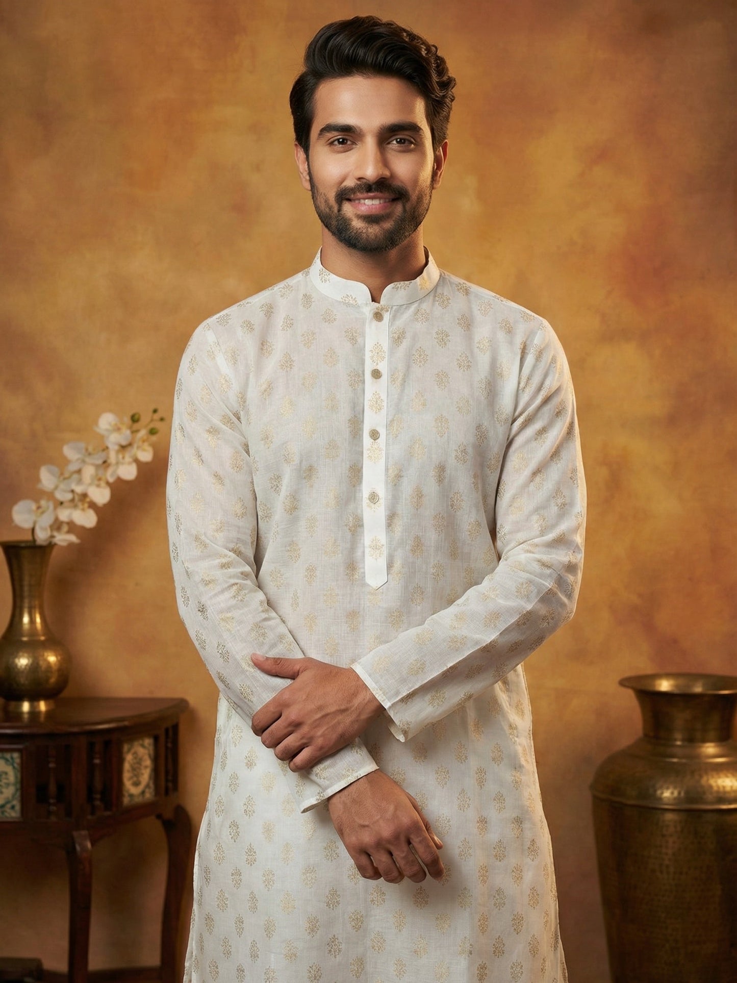 Classic Cotton Blend Foil Print Kurta Set ( 65KP P 5464White S ) [FF] [A-1-4]