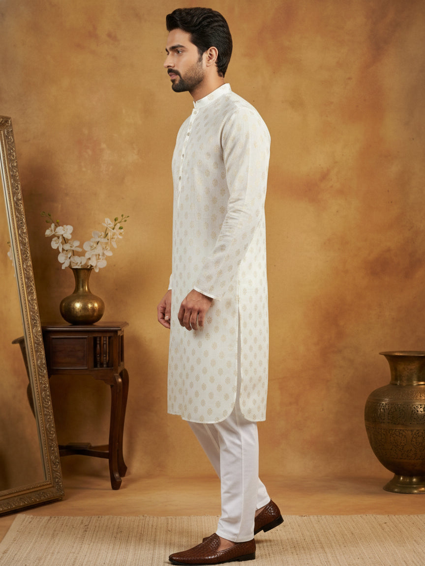Classic Cotton Blend Foil Print Kurta Set ( 65KP P 5464White S ) [FF] [A-1-4]