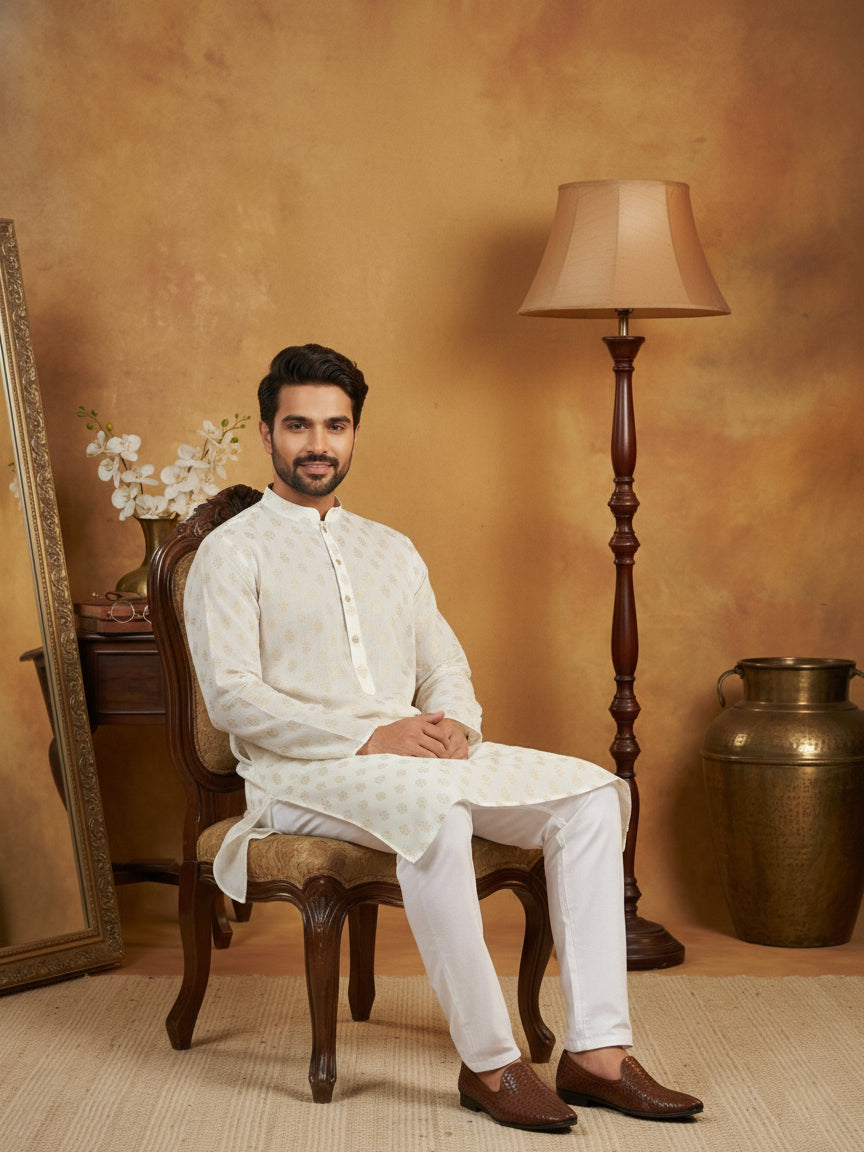 Classic Cotton Blend Foil Print Kurta Set ( 65KP P 5464White S ) [FF] [A-1-4]